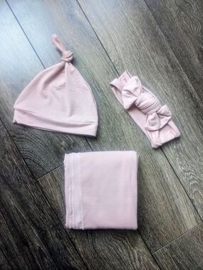 Blush Pink Baby Hat, Headband & Swaddle Set Newborn